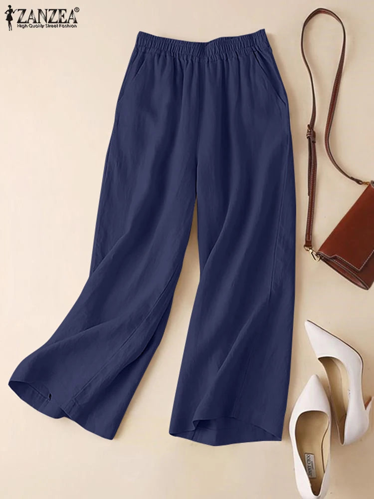 Pantalon Large Femme Coton Lin Taille Élastique – CLEVI Paris