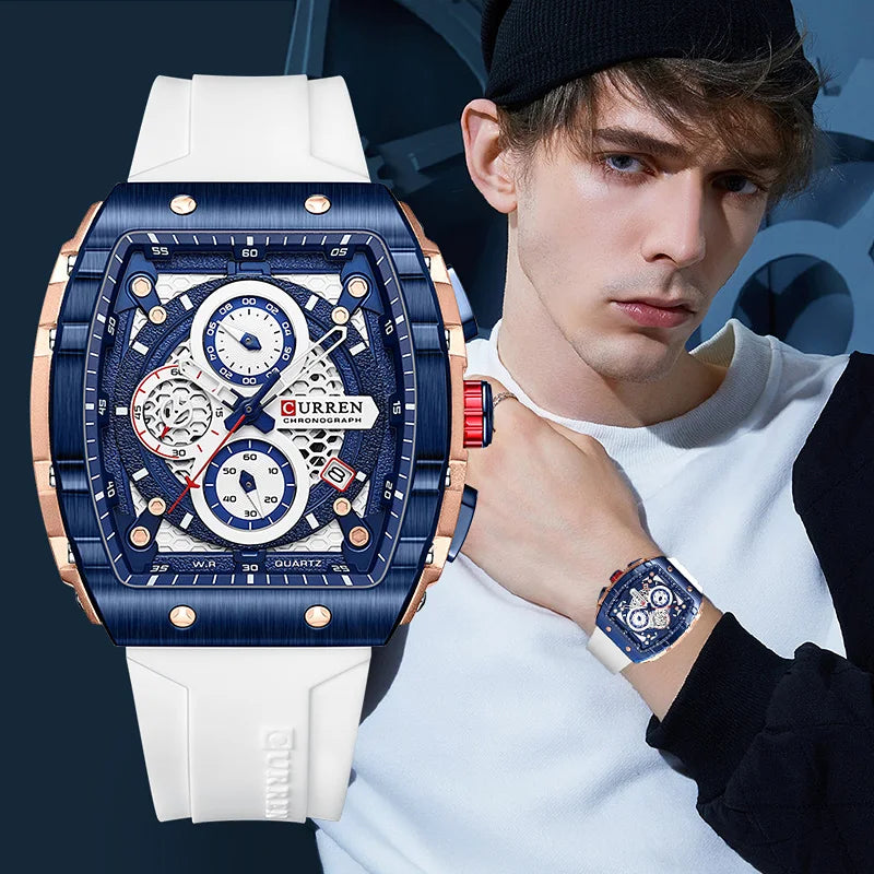 CURREN 8442 Montre Homme Quartz Carrée Chronographe Silicone Lumineux 30M – CLEVI Paris