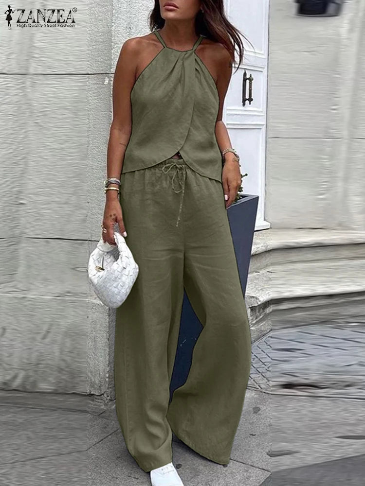 Ensemble 2 Pièces Femme Top Halter Sans Manches Lacé Tissu Froissé + Pantalon Droit Taille Mi-Haute Élastique Streetwear Casual 6 Coloris – CLEVI Paris