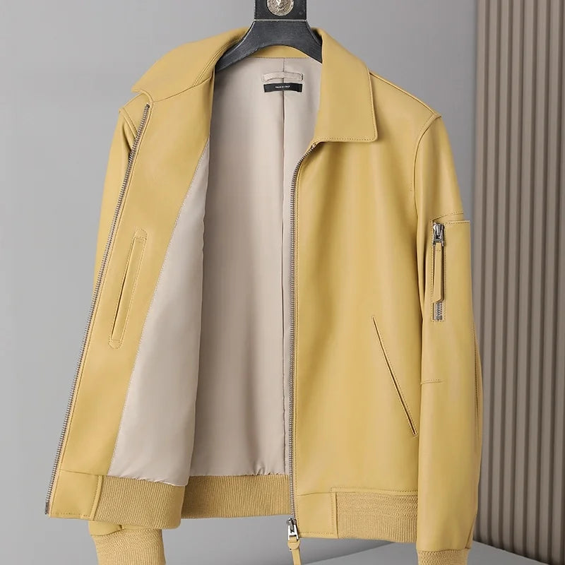 Veste homme en cuir à col rabattu zippée – CLEVI Paris