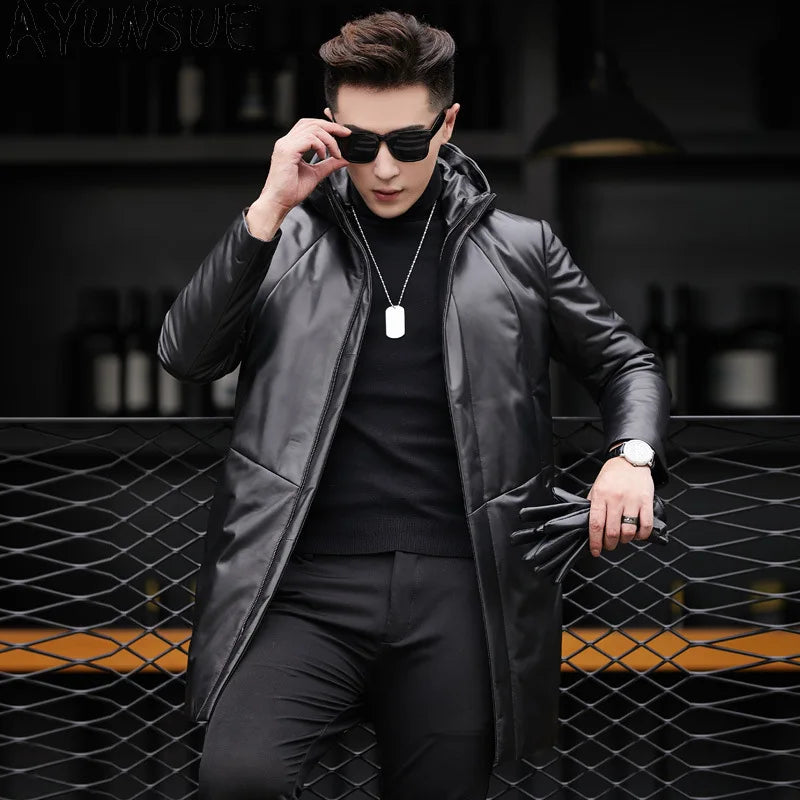 Manteau mi-long homme en cuir à capuche – CLEVI Paris
