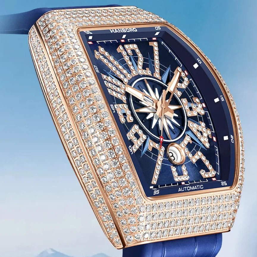 HANBORO 9029 Montre Homme Automatique Tonneau 445 Cristaux Étanche 5ATM – CLEVI Paris