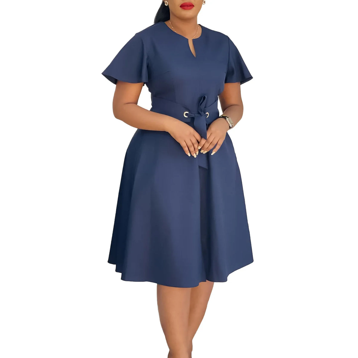 Robe Femme Grande Taille Col V Manches Courtes Mi-Mollet Élégante – CLEVI Paris