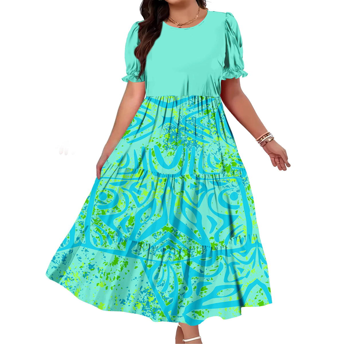 Robe Femme Longue Imprimé Polynésien Manches Bouffantes Ample Élégante – CLEVI Paris