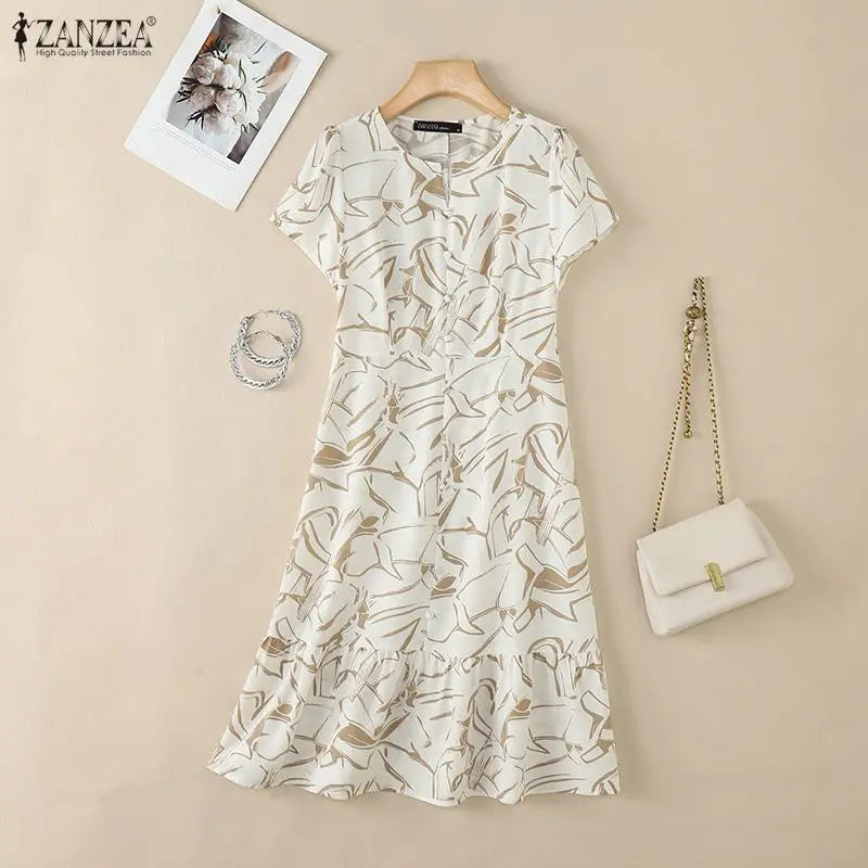 Robe Femme Col V Manches Courtes Imprimé Floral A-line Mi-Mollet Ourlet Volants Bohème – CLEVI Paris