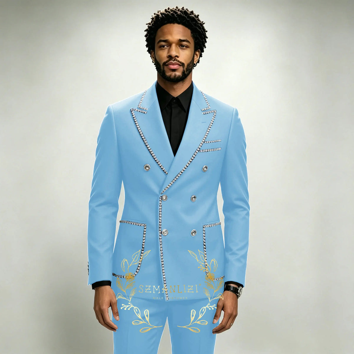 Costume Homme 2 Pièces Smoking Luxe Bleu Royal Cristaux Revers Pointu Double Boutonnage Mariage XS-6XL – CLEVI Paris