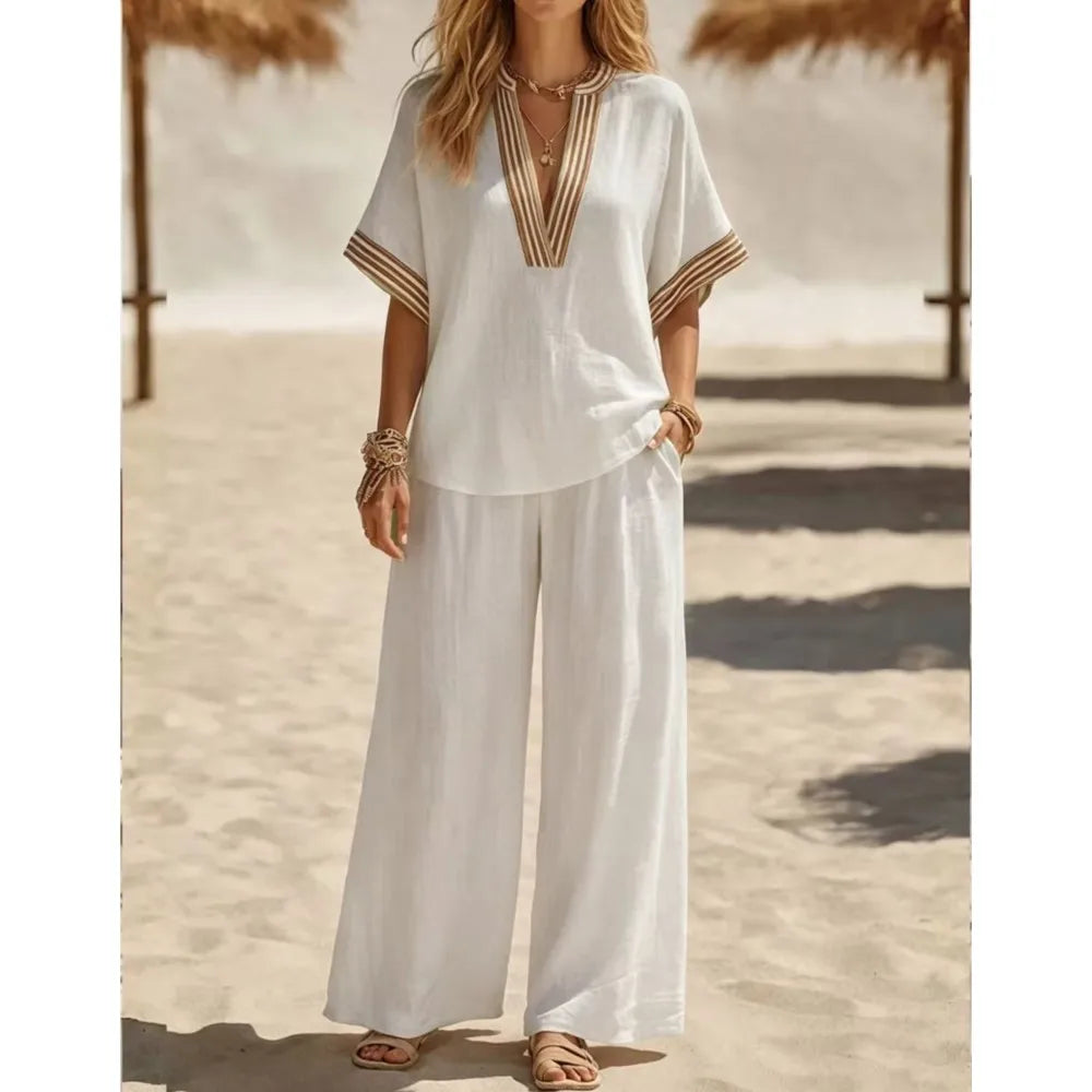 Ensemble femme col V et pantalon ample – CLEVI Paris