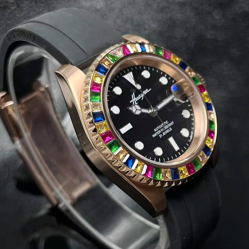 Montre Homme Automatique HUAYRA – Miyota 8215 Diamants Arc-en-Ciel Verre Saphir Bracelet Caoutchouc – CLEVI Paris