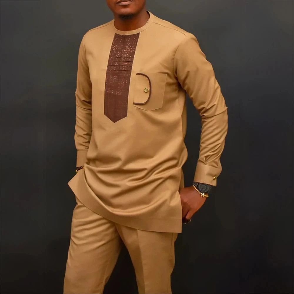 Ensemble 2 Pièces Homme Style Africain Chemise Manches Longues Col Rond + Pantalon Cordon Élégant XS-XXL – CLEVI Paris