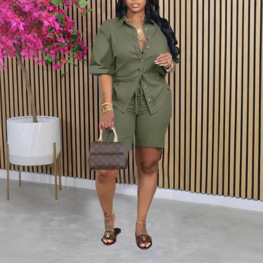 Ensemble Femme Chemise Col Rabattu Manches Courtes + Short Taille Élastique Casual Y2K Streetwear – CLEVI Paris