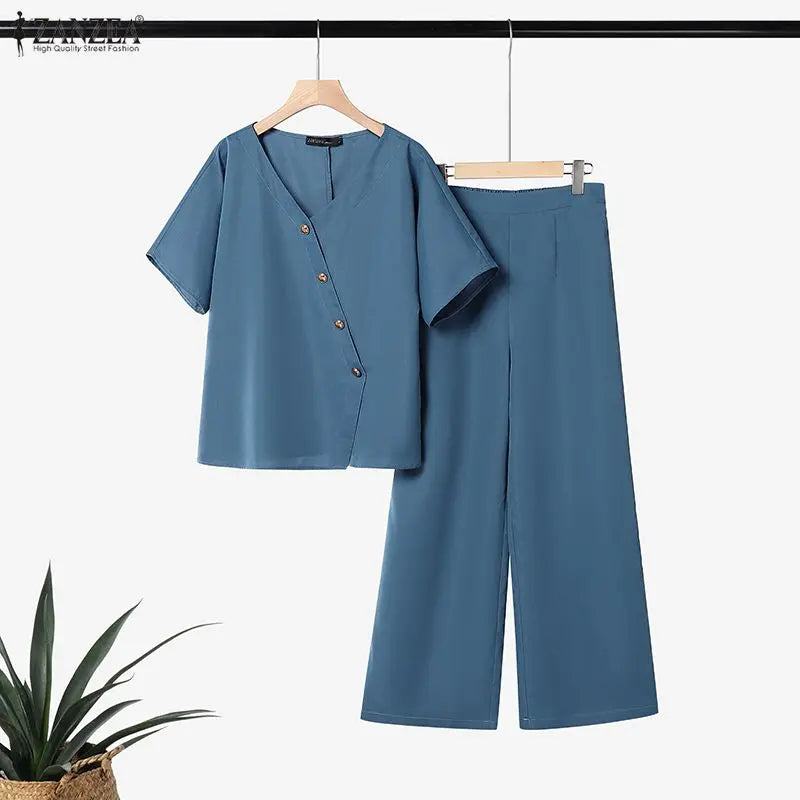 Ensemble 2 Pièces Femme Blouse Col V Manches Mi-Longues Boutonnée + Pantalon Large Taille Mi-Haute Élastique OL Casual 3 Coloris – CLEVI Paris