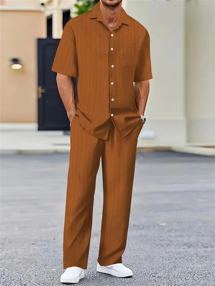 Ensemble 2 Pièces Homme Chemise Imprimée 3D Col Cranté + Pantalon Casual Voyage – 26 Motifs, S à 2XL – CLEVI Paris