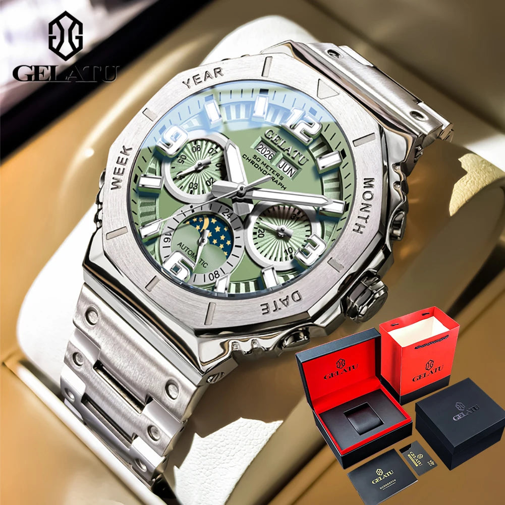 GELATU 6030 Montre Homme Automatique Phase de Lune Saphir Acier 316L 50M – CLEVI Paris
