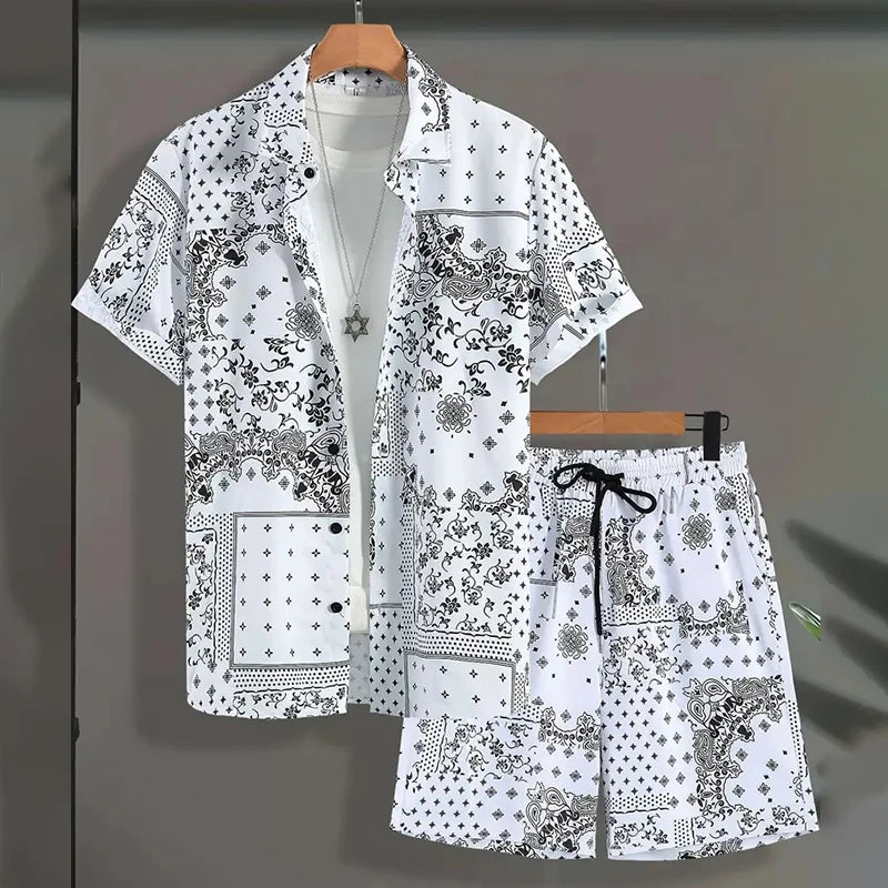 Ensemble 2 Pièces Homme Chemise Manches Courtes Col Cranté Imprimée Boutonnée + Short Cordon Style Hawaïen Beach Rétro Grande Taille – CLEVI Paris