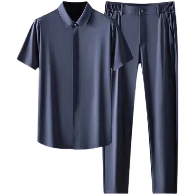 Ensemble 2 Pièces Homme T-shirt Col V Ice Silk + Pantalon Long Été Grande Taille KOLMAKOV – Bleu Marine & Gris, M à 5XL – CLEVI Paris