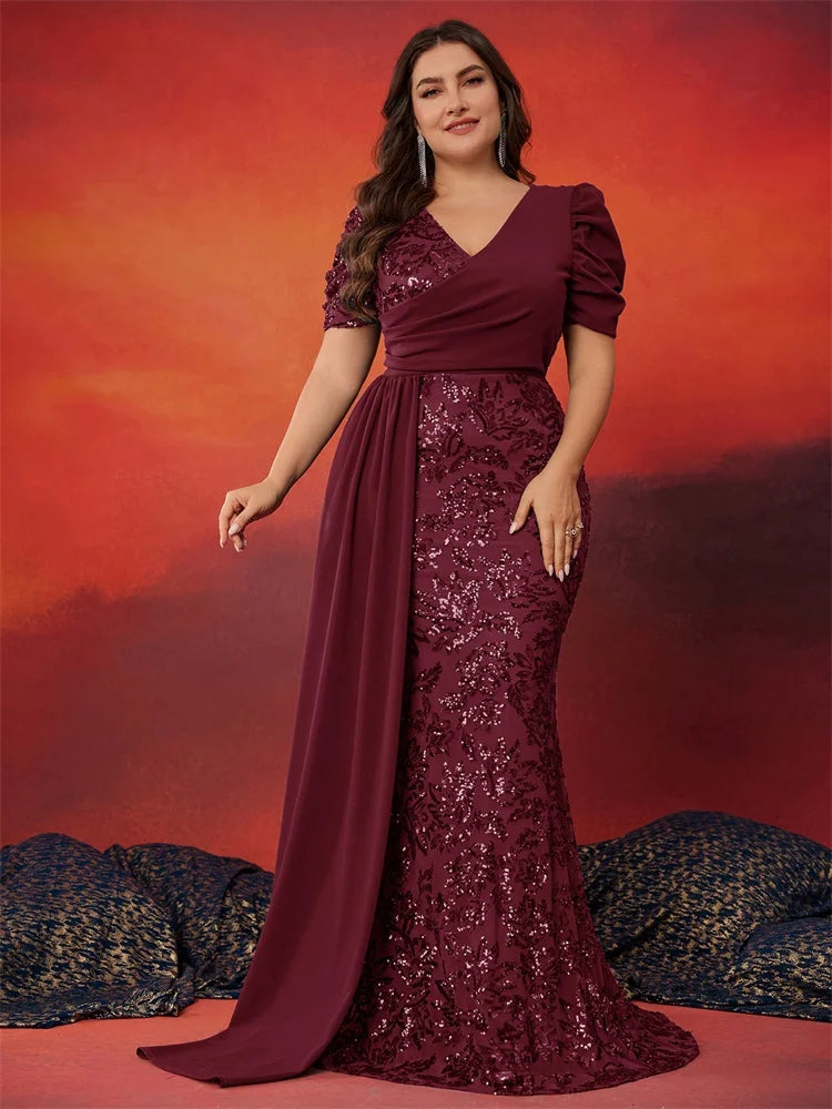 Robe de soirée sirène paillettes manches courtes – CLEVI Paris