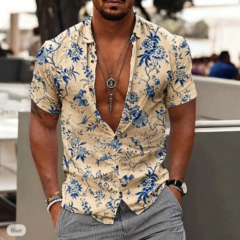 Chemise homme à motif porcelaine à manches courtes – CLEVI Paris