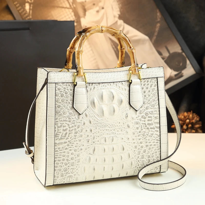 Sac à Main Femme Cuir Véritable Motif Crocodile Anse Bambou Business 4 Coloris – CLEVI Paris