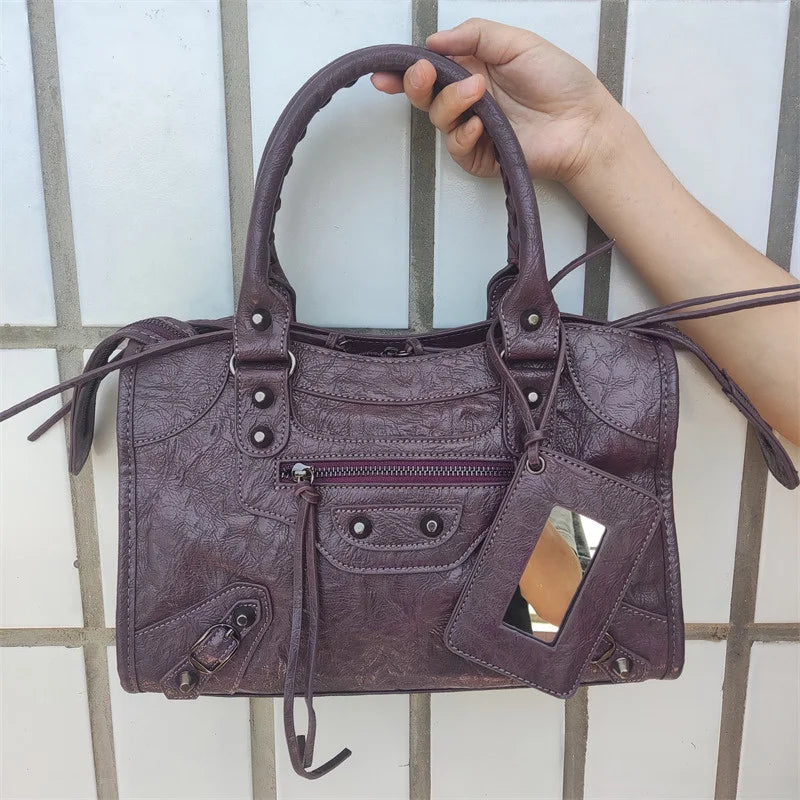 Sac À Main PU Froissé Rivets Femme Miroir & Pompon 4 Tailles – CLEVI Paris
