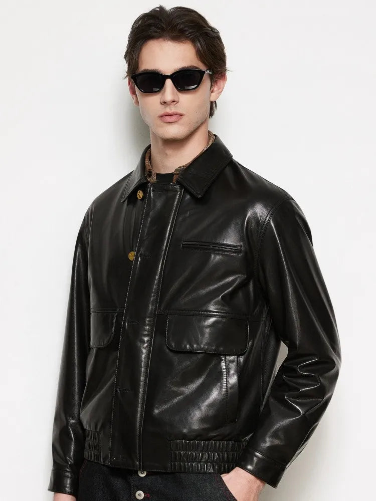 Veste cargo homme en cuir de mouton noir – CLEVI Paris