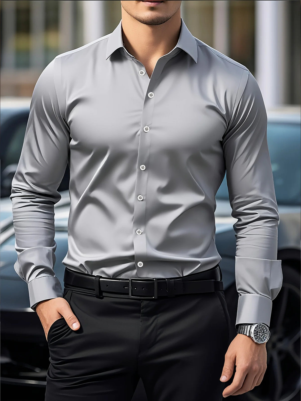 Chemise homme unie en polyester – CLEVI Paris