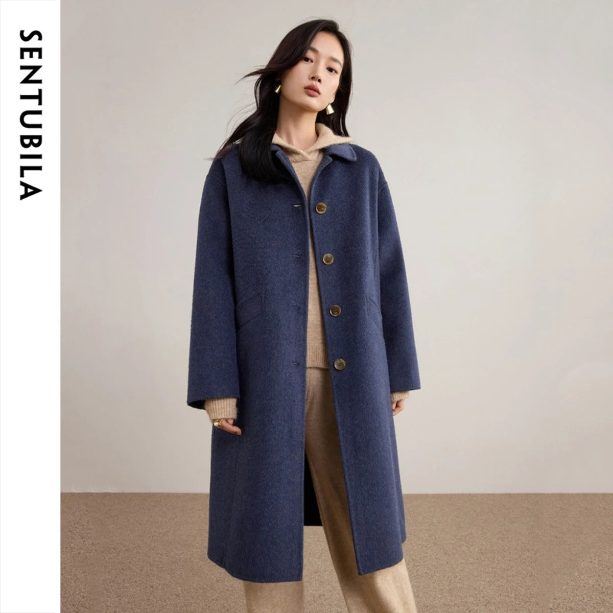 Manteau long femme en laine mélangée à col polo – CLEVI Paris