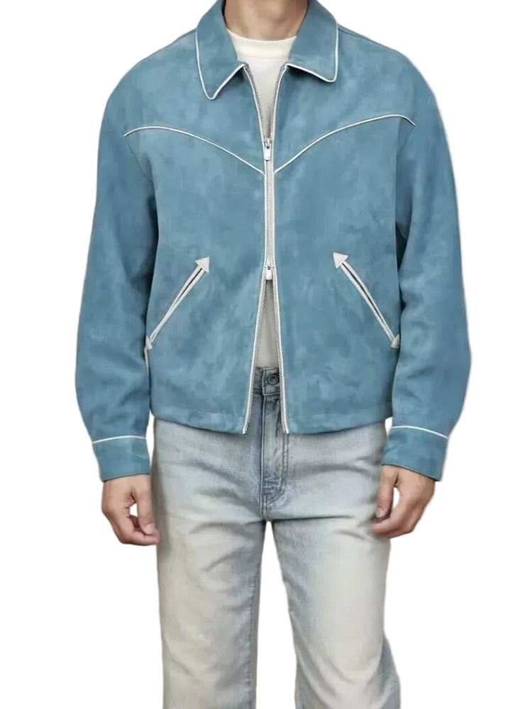 Blouson homme bleu aspect daim à liserés – CLEVI Paris