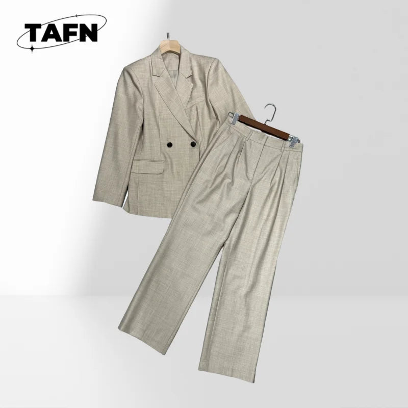 Ensemble 2 Pièces Femme Veste À Carreaux Col Rond Manches Longues + Pantalon Large Taille Mi-Haute Élégant OL – CLEVI Paris