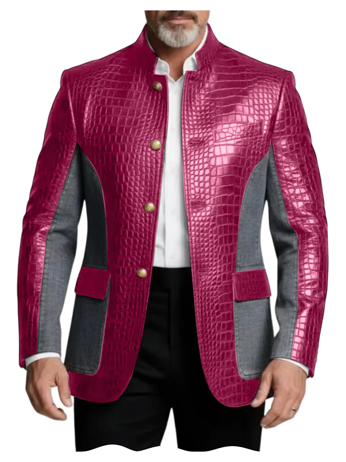 Blazer en cuir PU de luxe marron pour homme, effet croco, patchwork denim, col montant, coupe ajustée, idéal pour affaires, décontracté ou soirée