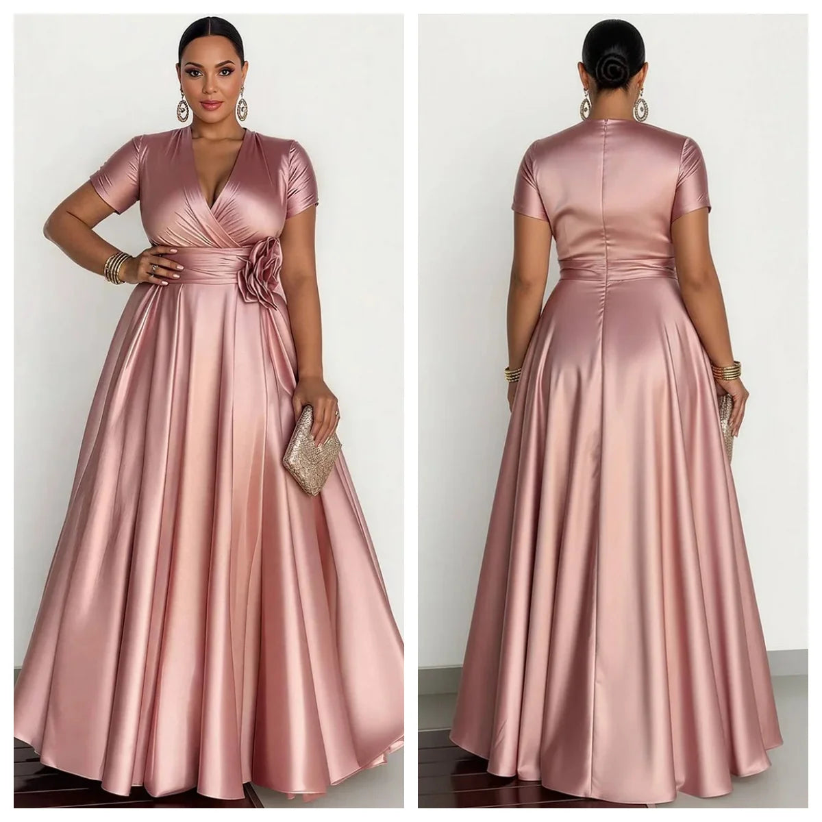 Robe de soirée satinée à fleur 3D – CLEVI Paris