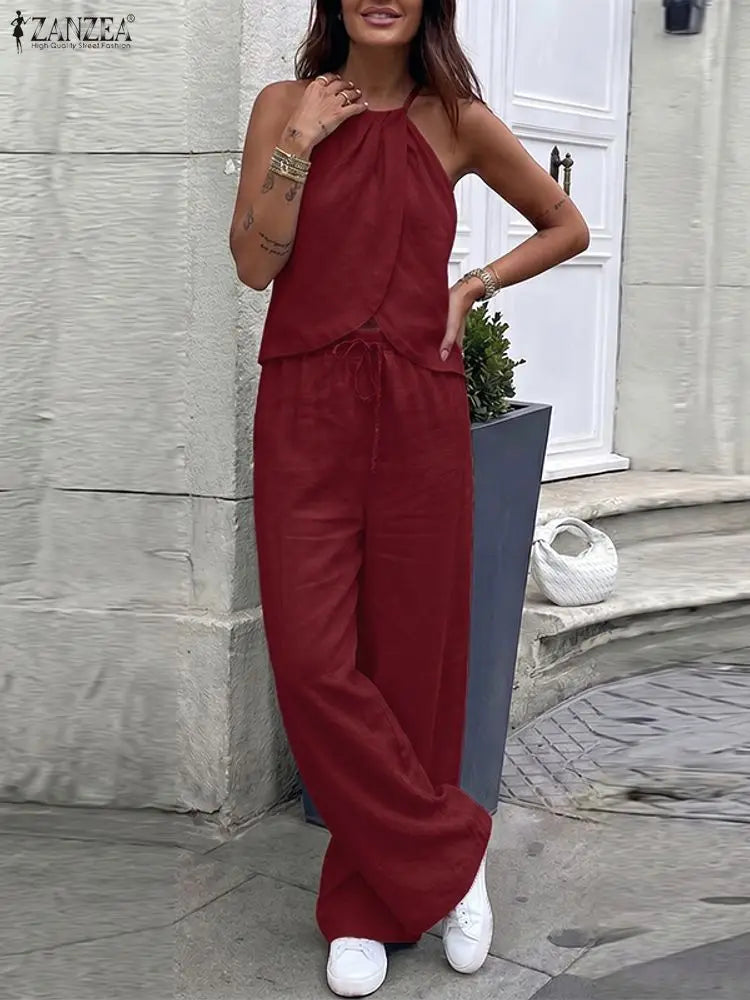 Ensemble 2 Pièces Femme Top Halter Sans Manches Lacé Tissu Froissé + Pantalon Droit Taille Mi-Haute Élastique Streetwear Casual 6 Coloris – CLEVI Paris
