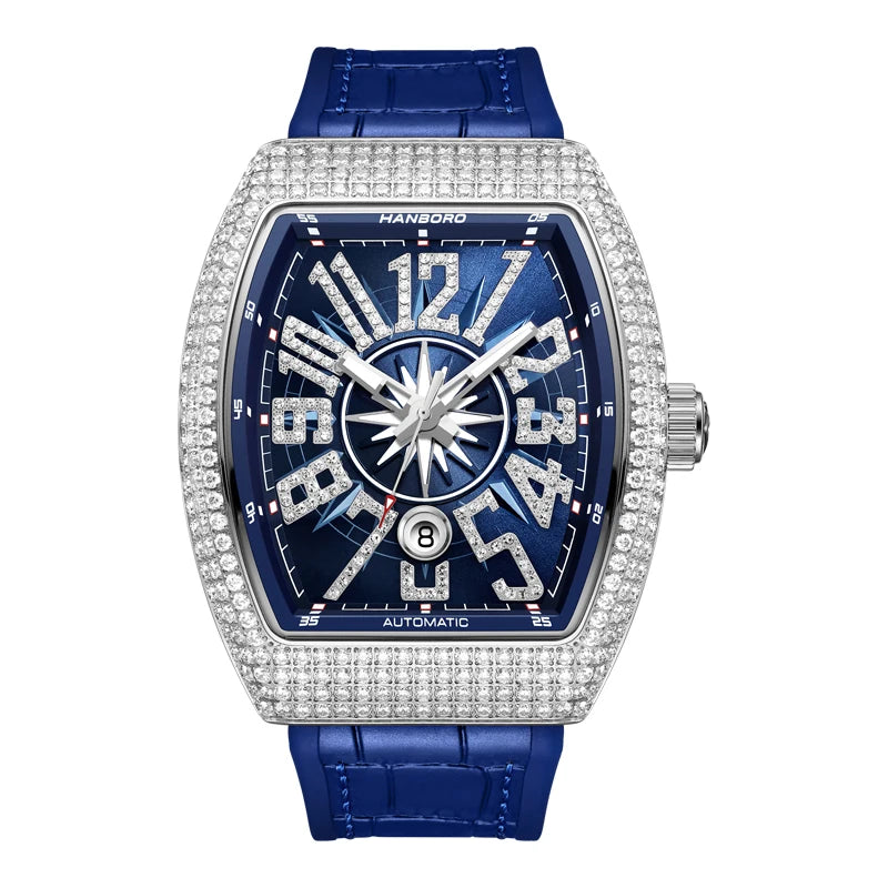 HANBORO 9029 Montre Homme Automatique Tonneau 445 Cristaux Étanche 5ATM – CLEVI Paris