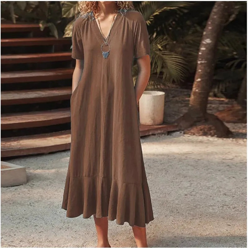 Robe Femme Col V Lacets Manches Courtes Couleur Unie A-line Mi-Mollet – CLEVI Paris