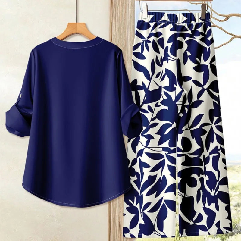 Ensemble 2 Pièces Femme Top Imprimé Manches Longues & Pantalon Large Casual – CLEVI Paris