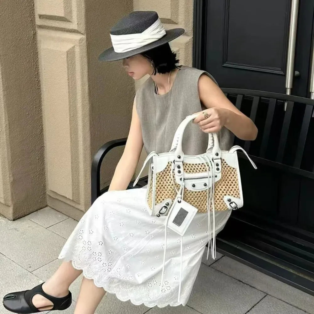 Sac Messenger Raphia Tressé Rivets & Franges Femme – CLEVI Paris
