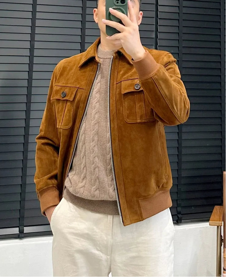 Veste homme marron zippée à col rabattu – CLEVI Paris