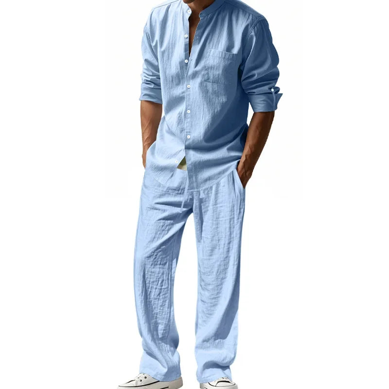 Ensemble 2 Pièces Homme Lin Chemise Manches Longues + Pantalon Style Casual Américain 4 Saisons – CLEVI Paris