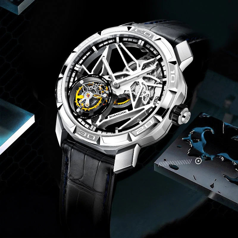 Montre Homme Manuel Tourbillon 7 Points Boîtier Octogonal Squelette Lumineux Alligator Shanghai Watch 23FB – CLEVI Paris