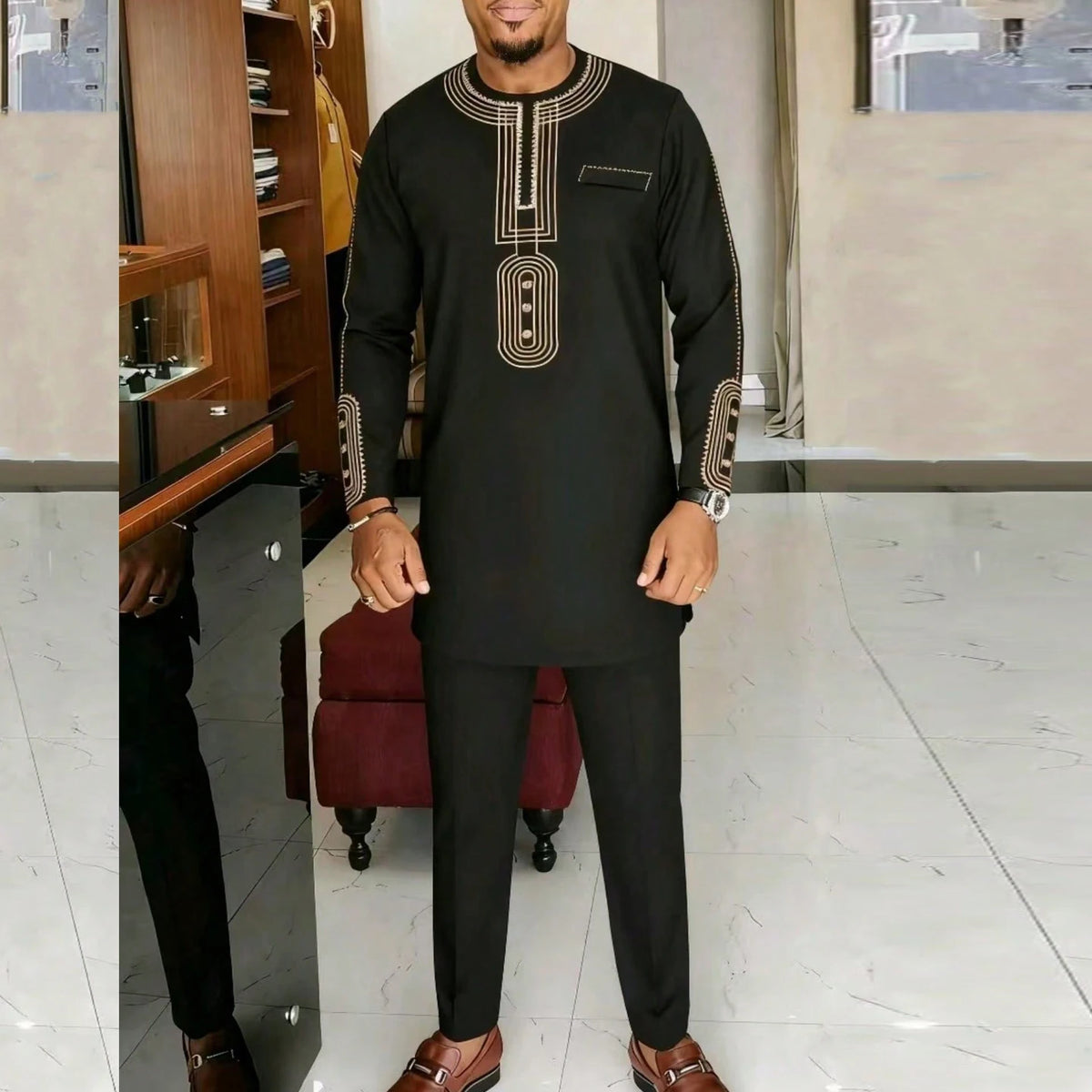 Ensemble Kaftan Africain Homme 2 Pièces – Costume Brodé Manches Longues – CLEVI Paris