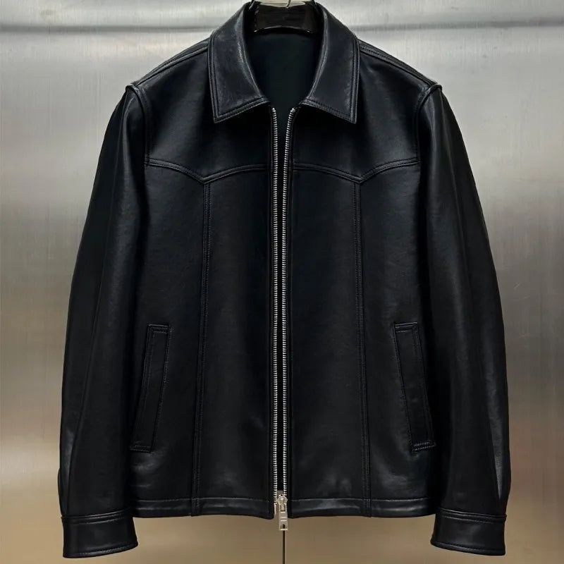 Veste homme en cuir de mouton noir zippée – CLEVI Paris