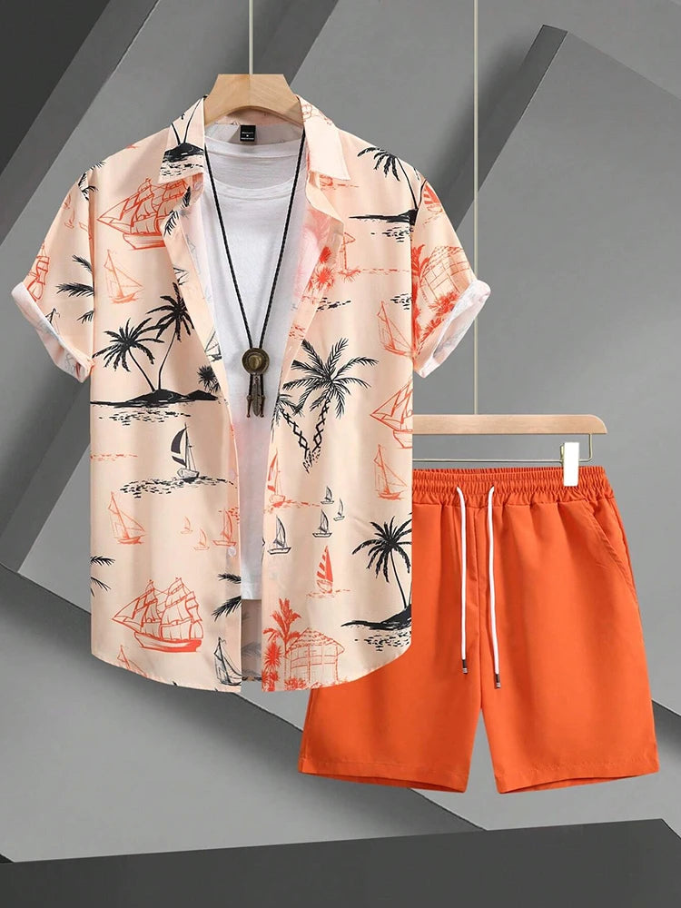 Ensemble Homme Chemise Manches Courtes Col V Imprimé 3D + Short de Plage Casual Streetwear Été – CLEVI Paris