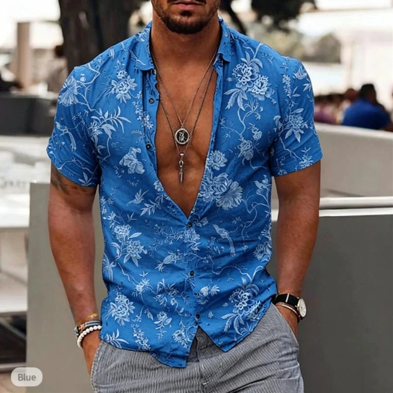 Chemise homme à motif porcelaine à manches courtes – CLEVI Paris