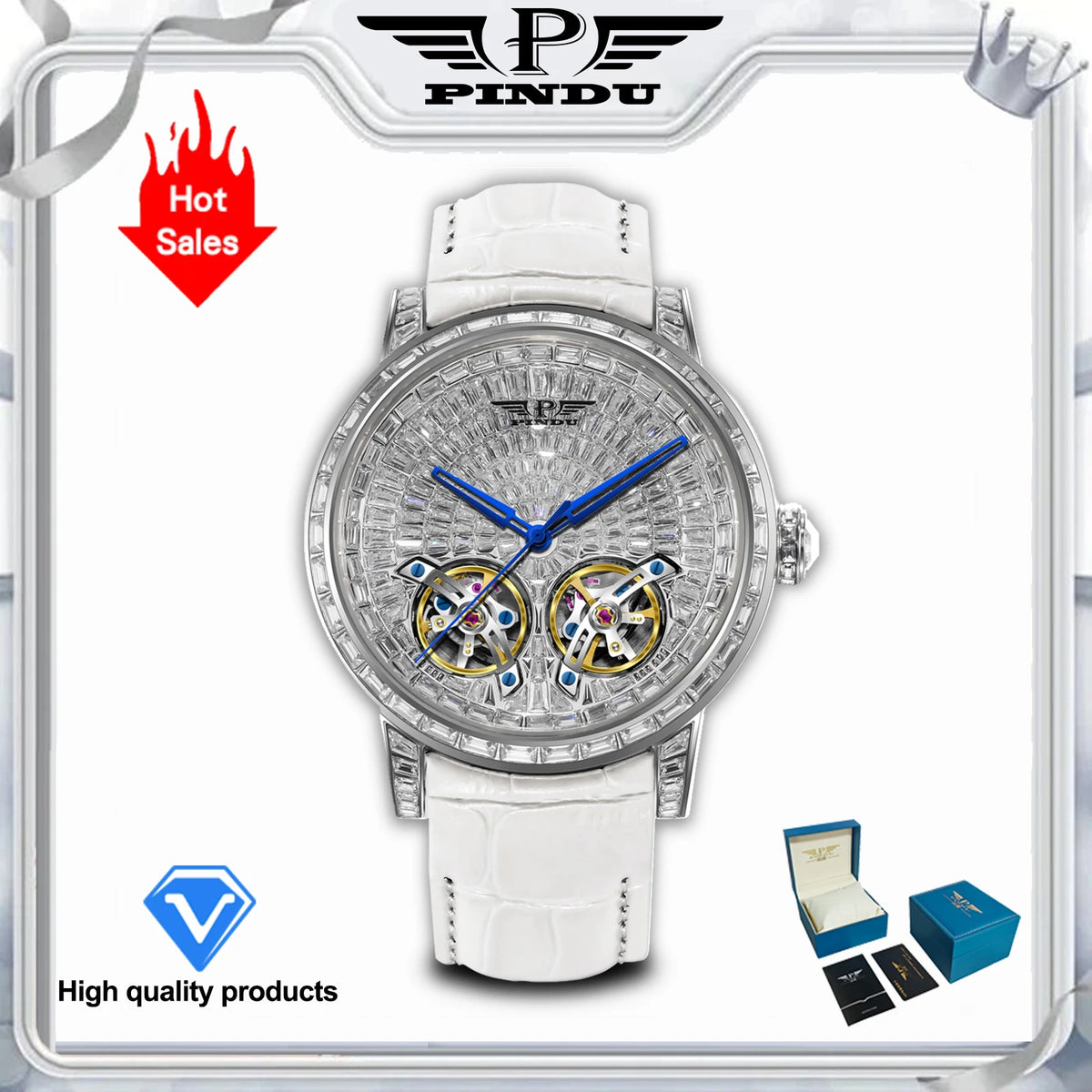 Montre Homme Automatique Double Volant Tourbillon Serti Diamants Saphir Cuir Pindu PD6656 – CLEVI Paris