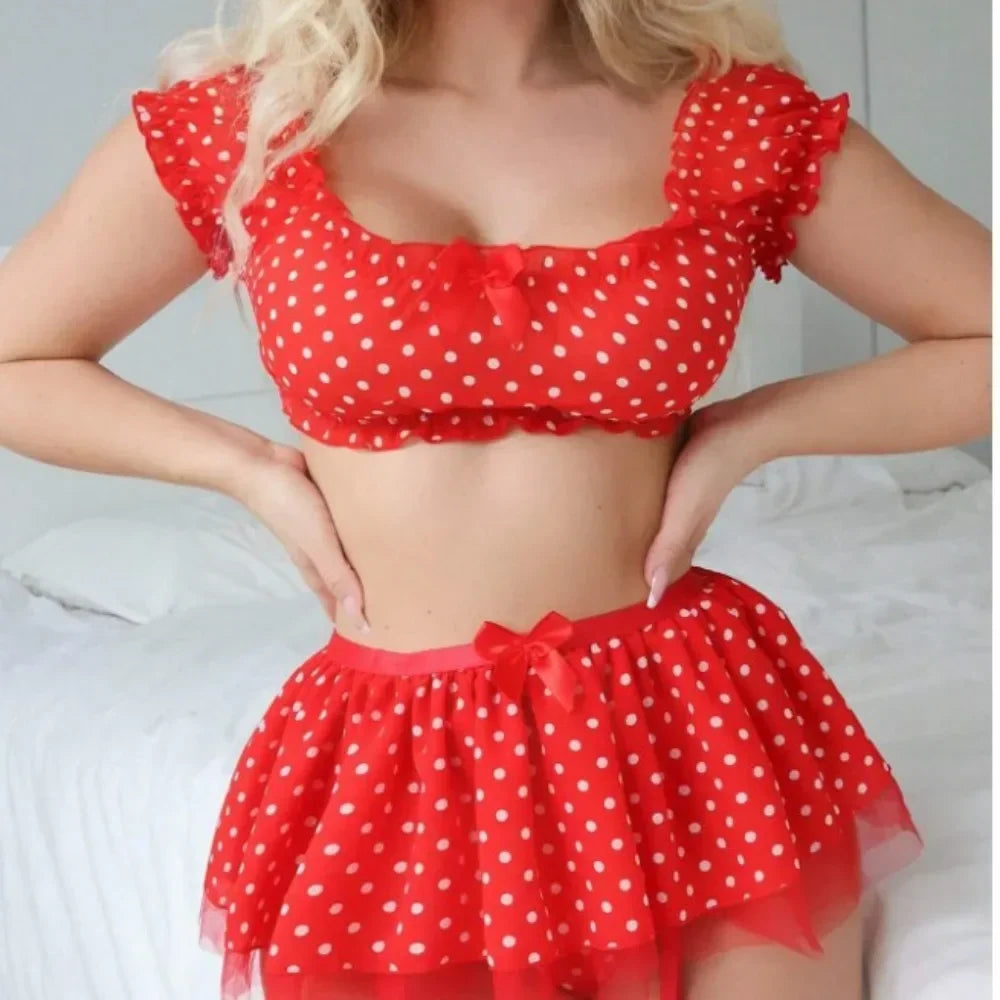 Ensemble Lingerie Femme Sexy Jupe à Pois Jarretelles Épaules Dénudées Jupe Bouffante – CLEVI Paris