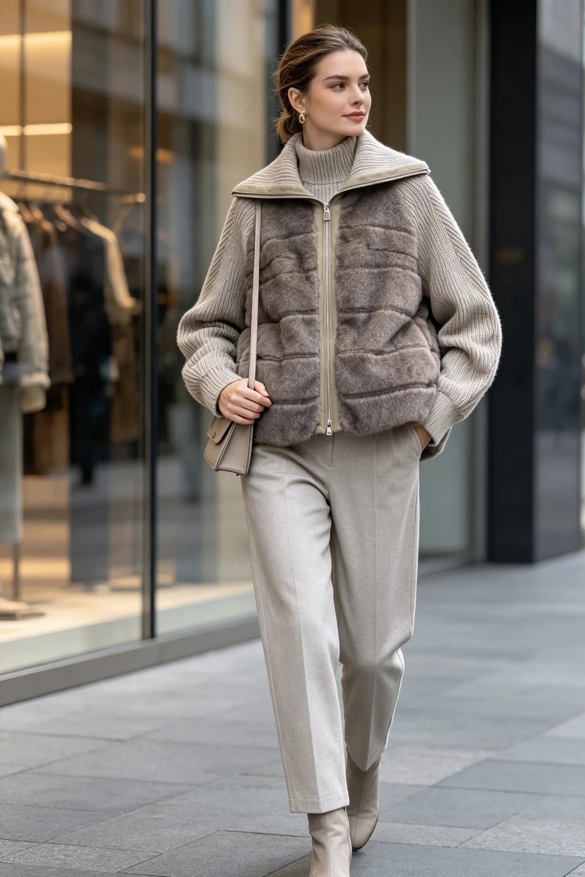 Veste femme en maille et fausse fourrure – CLEVI Paris