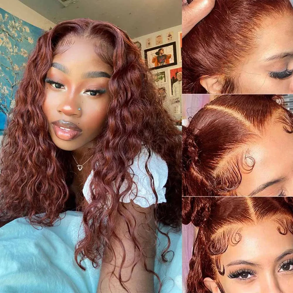 Perruque Lace Frontal Water Wave Brun Roux Cheveux Brésiliens Remy | HD Lace 13x4 & 13x6 | Densité 180%-200% | 16-36 Pouces – CLEVI Paris
