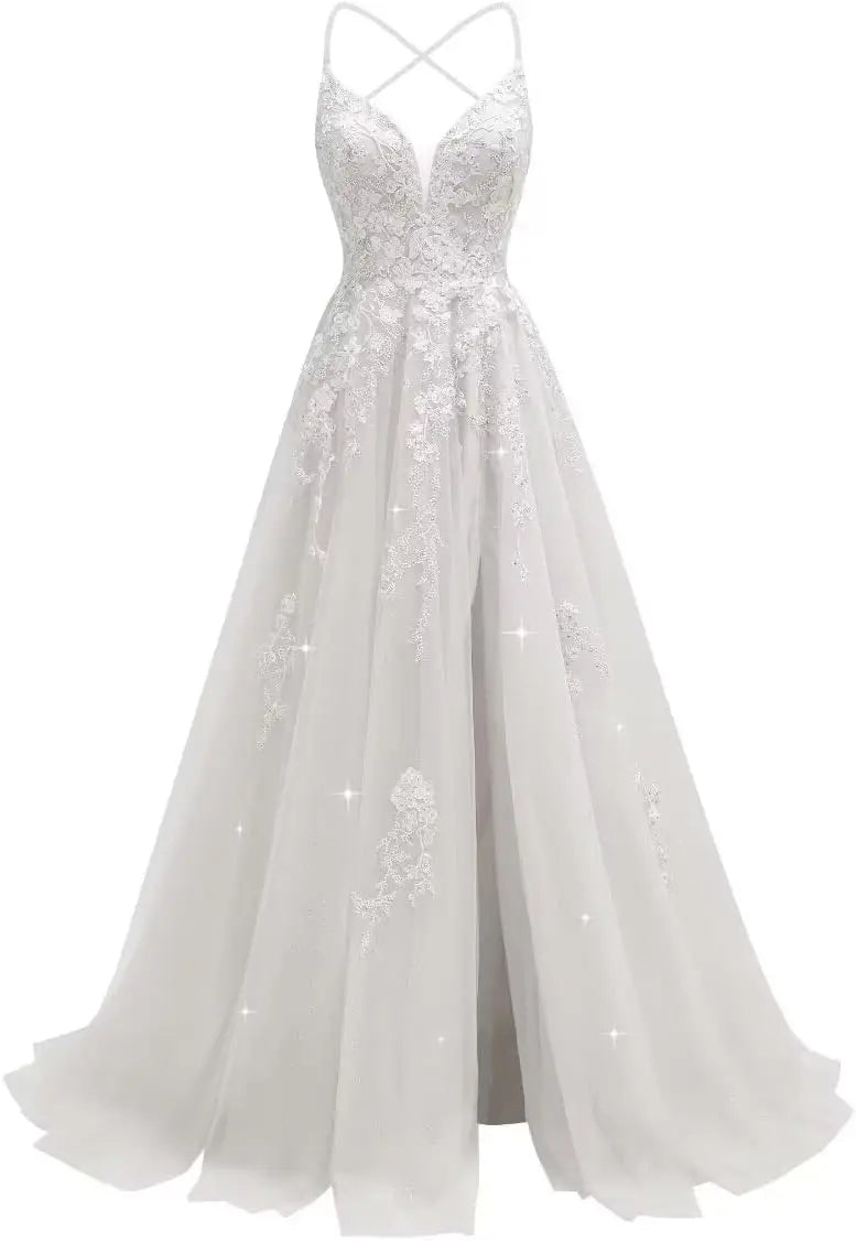Robe de mariée en tulle ligne A col V – CLEVI Paris