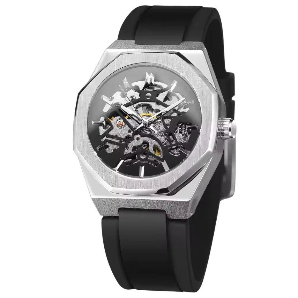 BLUO Montre Homme Automatique Squelette Octogone Acier Silicone 30M – CLEVI Paris