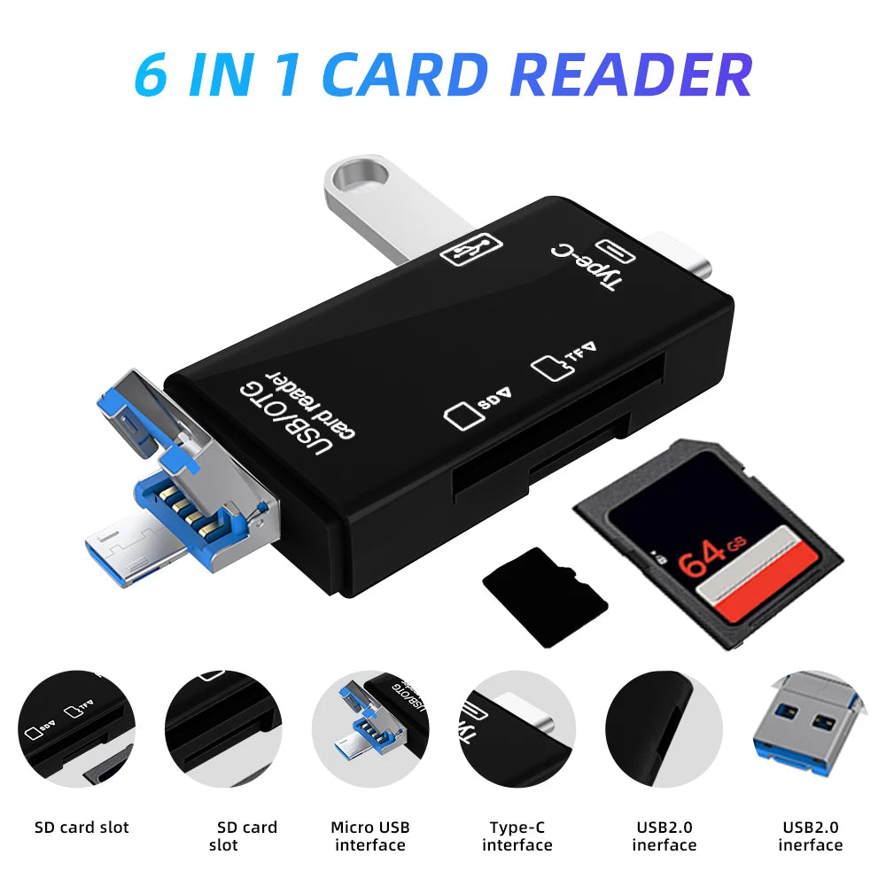 Lecteur SD/TF 6-en-1 USB-C/USB-A/Micro USB 5 Gbps – CLEVI Paris