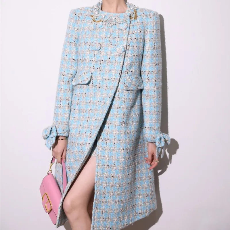 Manteau femme en tweed bleu clair à carreaux – CLEVI Paris